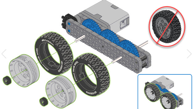 L'étape d'instruction de construction est présentée à titre d'exemple. Dans cette étape, les roues sont fixées à une poutre à l'aide de pièces d'arbre. Une icône dans le coin supérieur droit indique qu'il faut tenir compte de l'orientation des roues et qu'elles doivent être orientées vers l'extérieur.