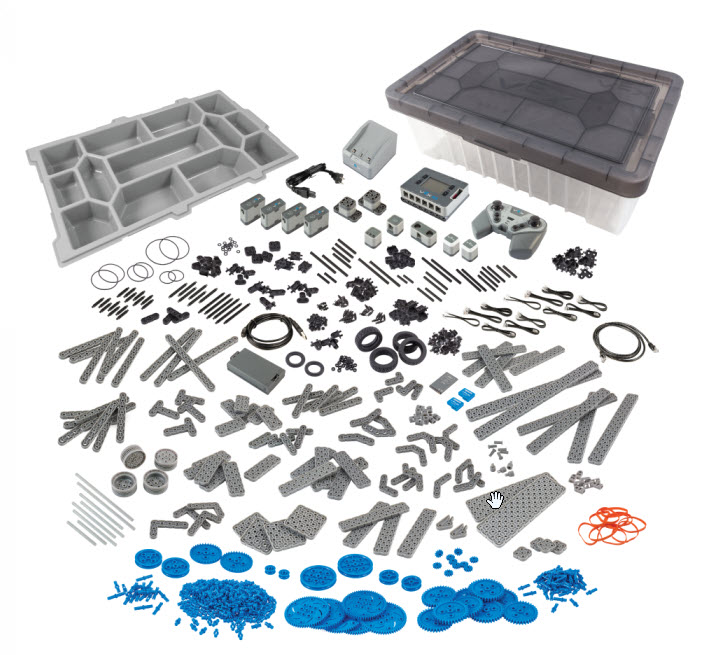 Kit VEX IQ dibuka, dengan tiap bagian dikelompokkan dalam tumpukan rapi untuk menunjukkan beraneka ragam bagian dalam kit tersebut.