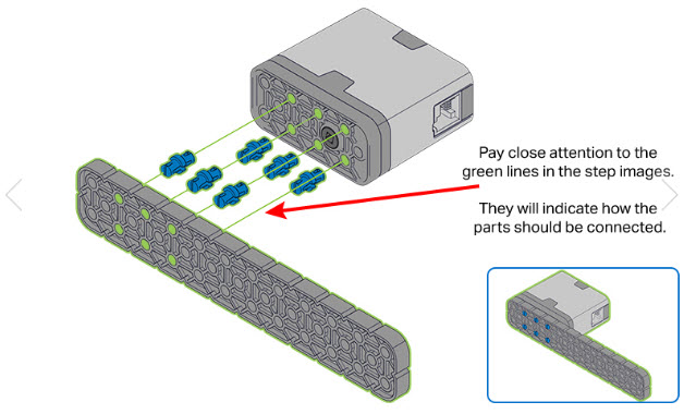El paso de instrucción de compilación se muestra como un ejemplo. En este paso, la pieza del motor inteligente se conecta a una viga utilizando 6 pines conectores de 1 por 1. Las líneas verdes están resaltadas para mostrar la ubicación exacta de cada pieza. Texto lee Preste mucha atención a las líneas verdes en las imágenes del paso. Indicarán cómo se deben conectar las piezas.