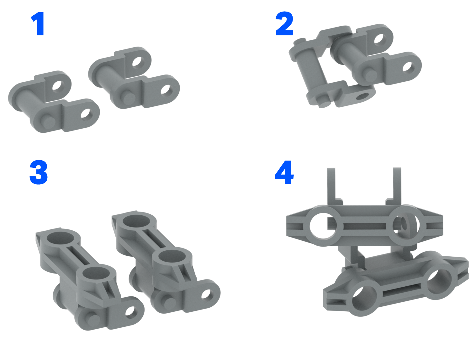 Diagrama de 4 pasos para ensamblar las bandas de rodadura de la cadena y el tanque.