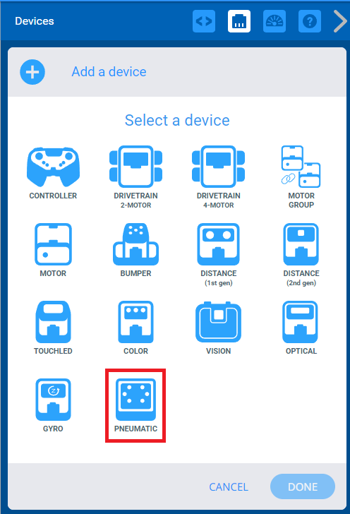 Menu VEXcode IQ-apparaten nadat u op de knop Apparaat toevoegen hebt geklikt. De optie Pneumatisch is gemarkeerd.