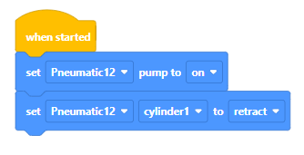 VEXcode IQ blokkeert project met de tekst Wanneer gestart, stel Pneumatic12-pomp in op aan en stel vervolgens Pneumatic12-cilinder1 in op intrekken.