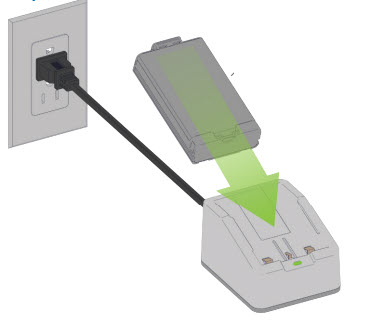 Diagrama de la batería del robot que se coloca en el cargador. El cargador se conecta a una toma de pared mediante un cable de alimentación.