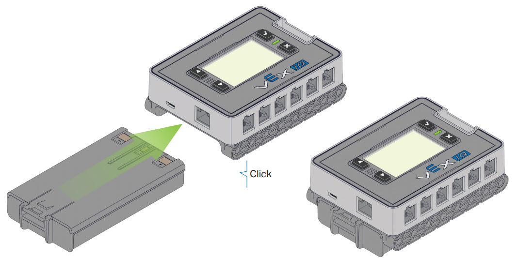El diagrama muestra una batería conectada a un cerebro IQ. Una flecha indica que la batería debe deslizarse en el puerto de carga en la parte inferior del cerebro. La batería está orientada con su pestillo orientado en dirección opuesta al cerebro y un ícono indica que encajará en su lugar.