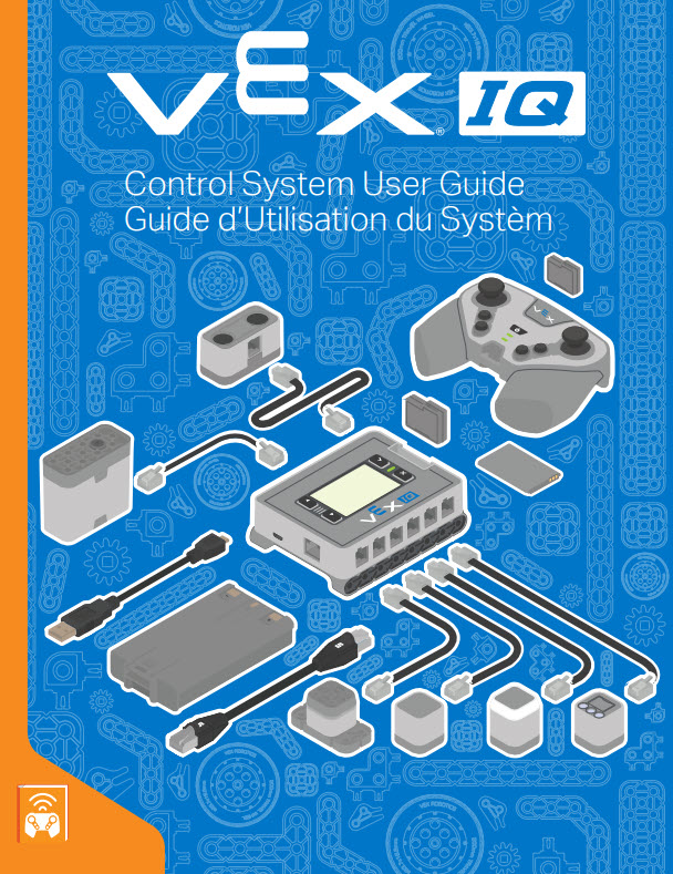 หน้าปกของคู่มือผู้ใช้ระบบควบคุม VEX IQ พร้อมแผนผังชิ้นส่วน VEX IQ Electronics จำนวนมากที่เชื่อมต่อกับ IQ Brain