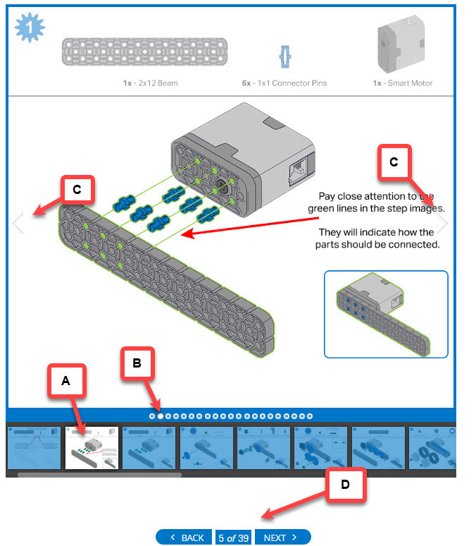 ภาพหน้าจอของเมนู Build ของ STEM Lab เวอร์ชันเว็บ ตัวอักษรที่ทำเครื่องหมายไว้แสดงถึงฉลากที่จะอธิบายไว้ในหัวข้อต่อไปนี้ ที่ด้านล่างของหน้าต่าง แถบเลื่อนที่แสดงแต่ละขั้นตอนจะถูกทำเครื่องหมายเป็น A เหนือแถบนั้น แถบที่แสดงความคืบหน้าของผู้ใช้จะถูกทำเครื่องหมายเป็น B ทางด้านซ้ายและขวา ลูกศรนำทางจะถูกทำเครื่องหมายเป็น C ที่ด้านล่างสุดของหน้าจอ ปุ่มนำทาง STEM Lab จะถูกทำเครื่องหมายเป็น D