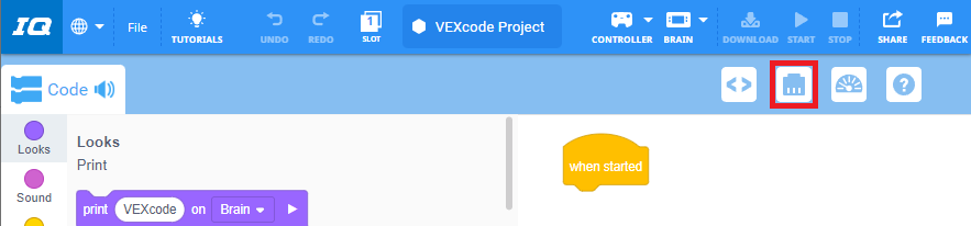 Barra de ferramentas VEXcode IQ com o ícone Dispositivos destacado entre os ícones Visualizador de Código e Monitor de Consola.