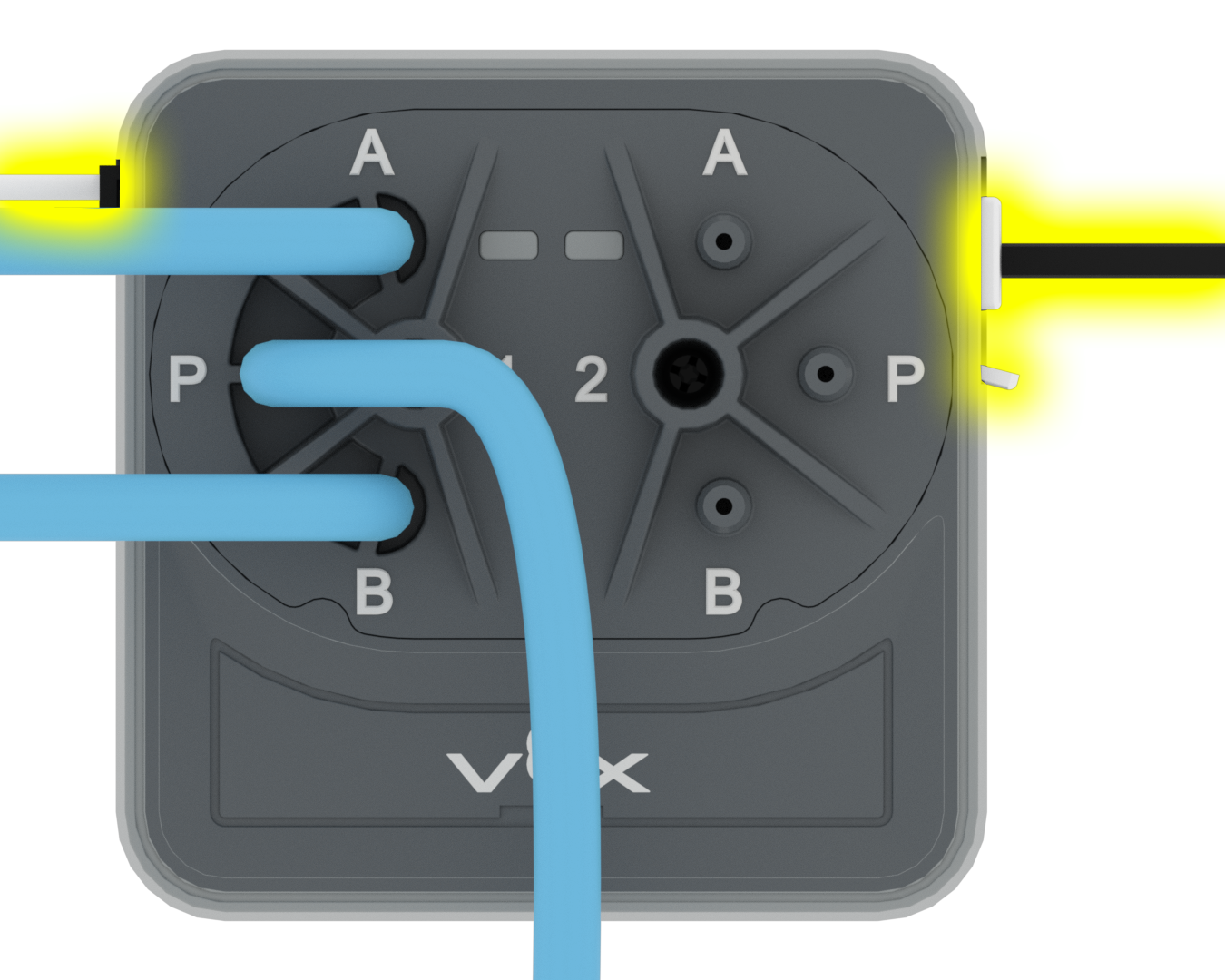 Diagram dekat Solenoid yang terhubung ke sistem lainnya. Port 3-Wire yang terhubung ke Pompa Udara disorot, dan Kabel Cerdas yang terhubung ke Otak juga disorot.