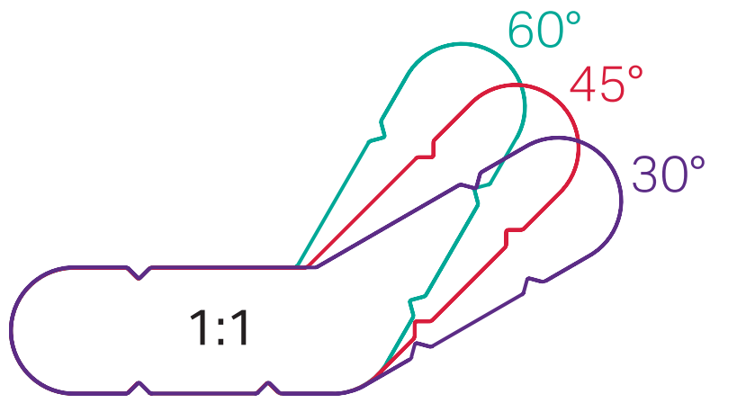 Diagrama de las piezas de viga de 30, 45 y 60 grados que se muestran como siluetas superpuestas para demostrar la variedad de piezas de viga en ángulo en la categoría de vigas especiales.