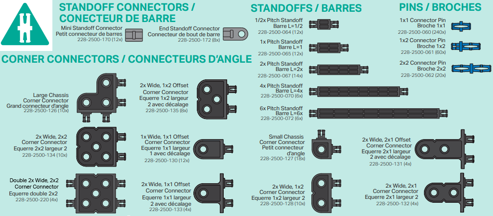 Categorías de conector, pin y separador de un póster de piezas de VEX IQ (1.ª generación), que muestra una variedad de piezas dentro de la categoría.