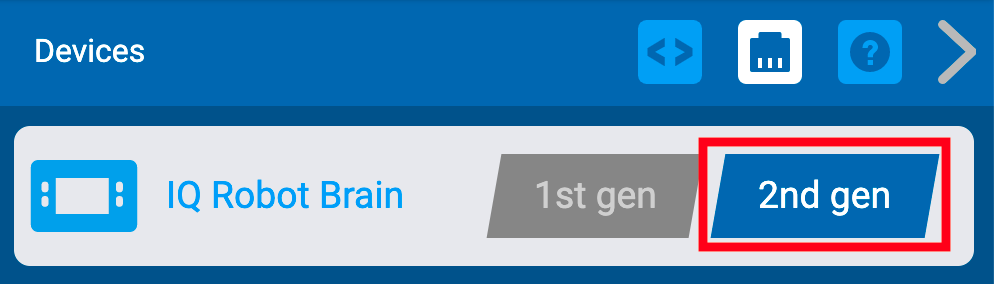 VEXcode IQ with the Devices menu opened. The 2nd gen option is highlighted, allowing a project to be built for a 2nd gen Brain.
