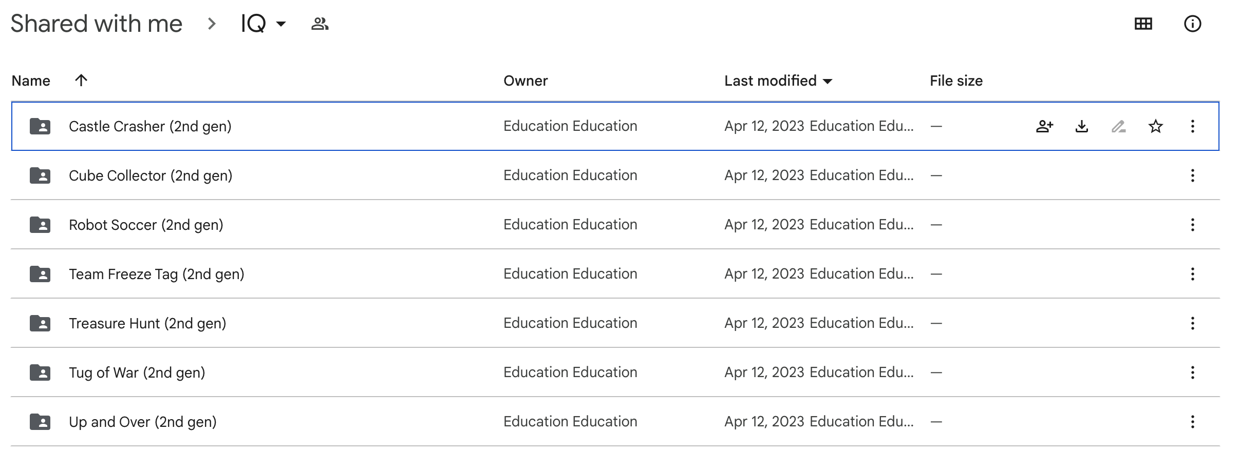 VEX IQ (第 2 世代) STEM ラボ ビデオのフォルダーが Google ドライブで開かれました。 内部には各 STEM ラボに対応するフォルダーがあります。