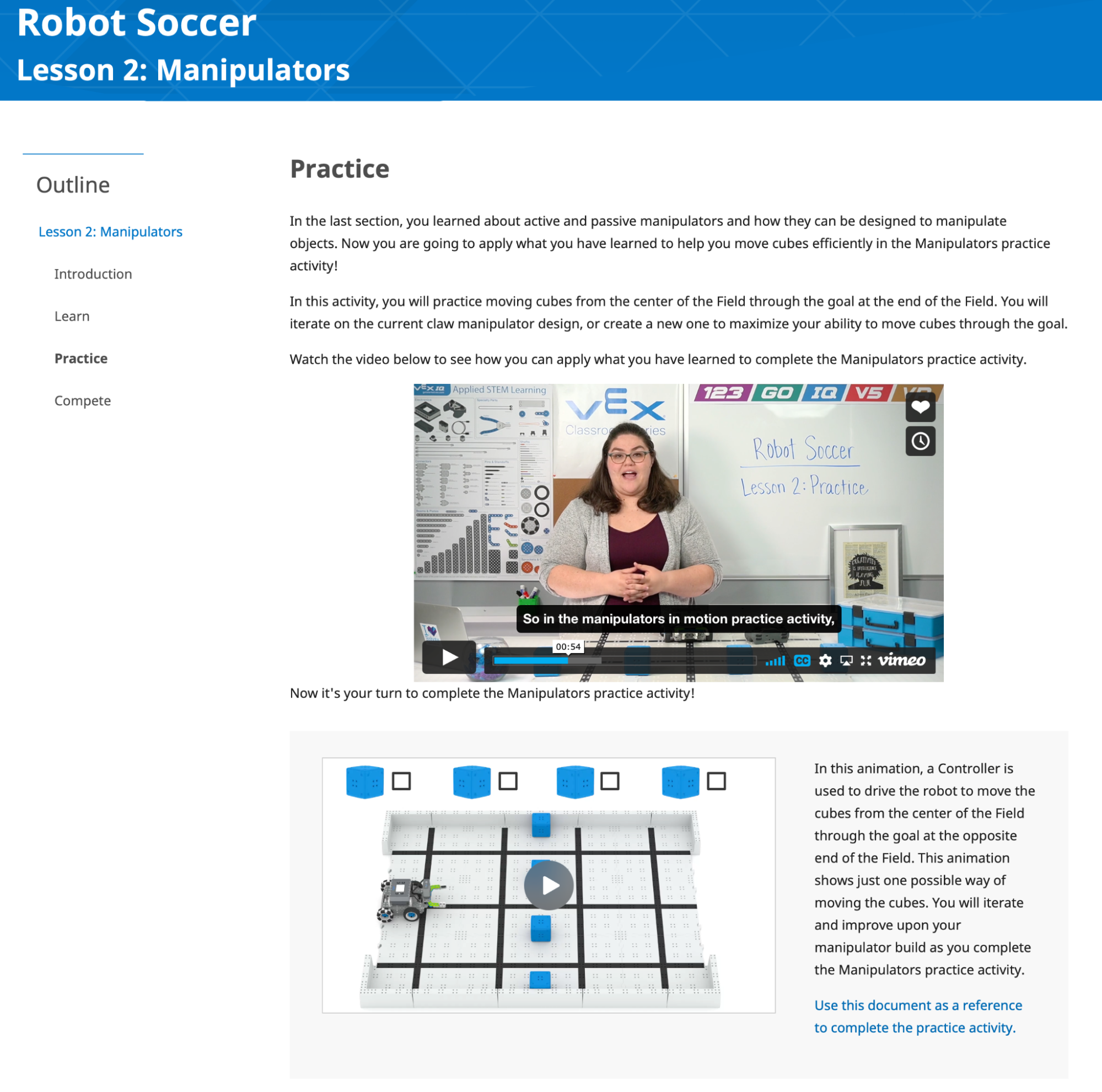 Captura de ecrã da secção Prática de uma lição do laboratório STEM do VEX IQ, para ilustrar o formato típico de uma página Prática.