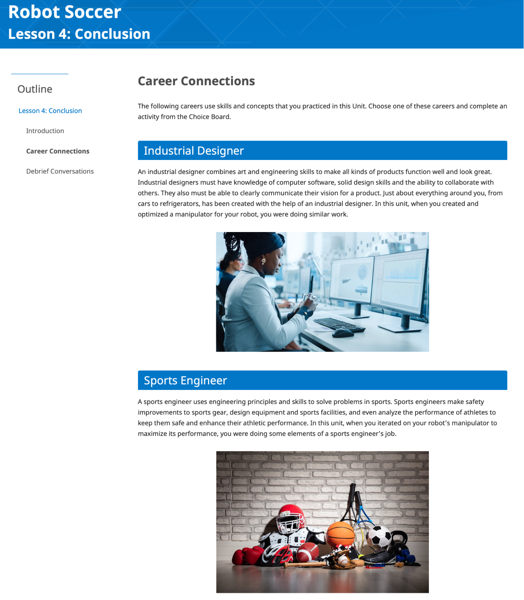 Captura de ecrã da secção Ligações de Carreira de uma Lição do Laboratório STEM do VEX IQ, para ilustrar o formato típico de uma página Ligações de Carreira na Lição de Conclusão.