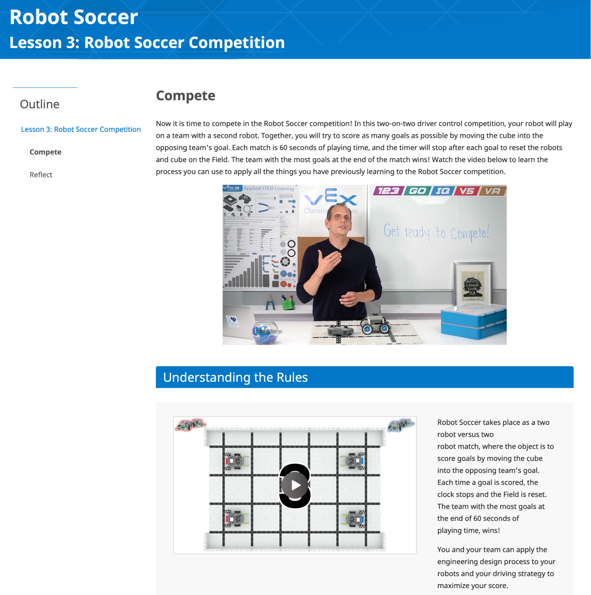 Captura de pantalla de la sección Competir de una lección de laboratorio de VEX IQ STEM, para ilustrar el formato típico de una página de Competir en la lección de competencia.