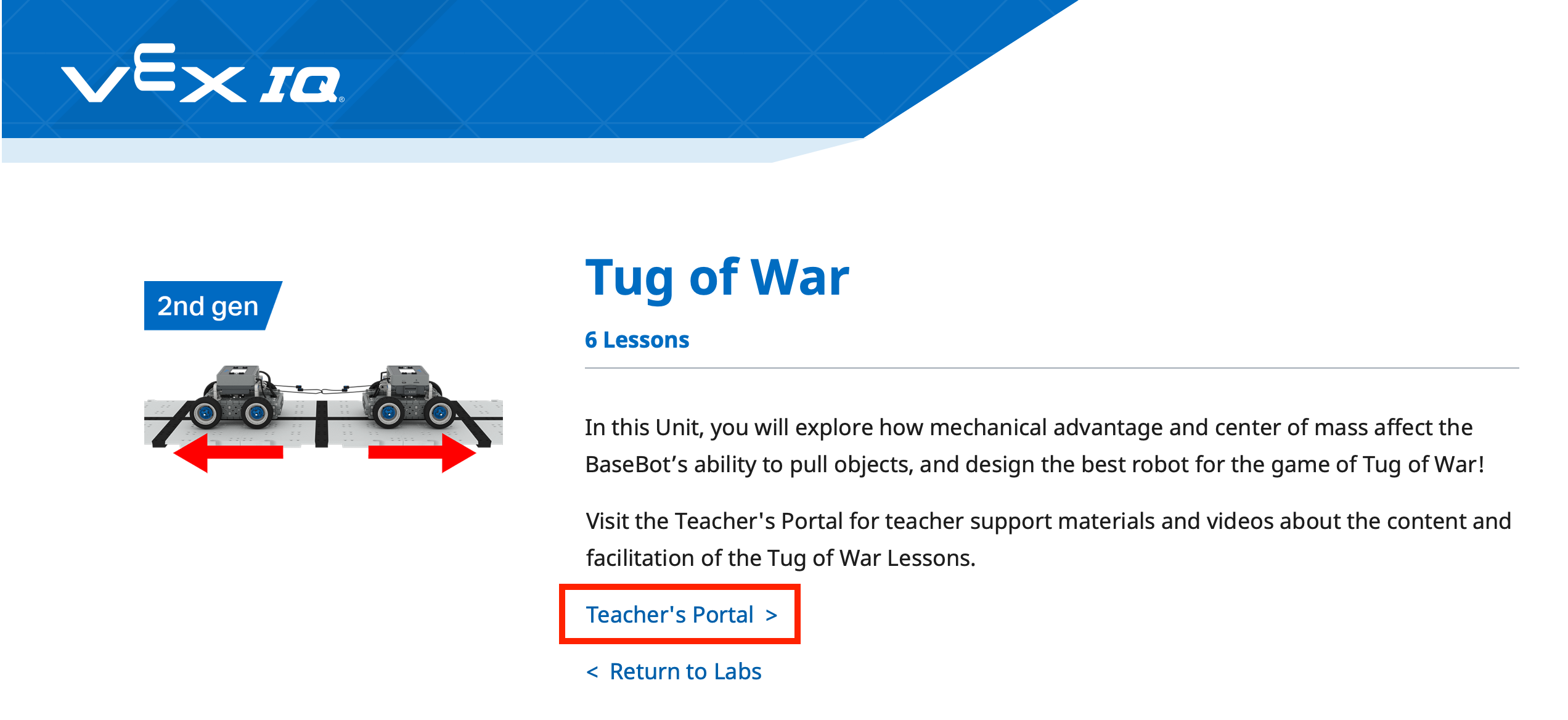 Pagina dell'unità di laboratorio STEM del tiro alla fune VEX IQ, con il link al Portale dell'insegnante evidenziato in una casella rossa.