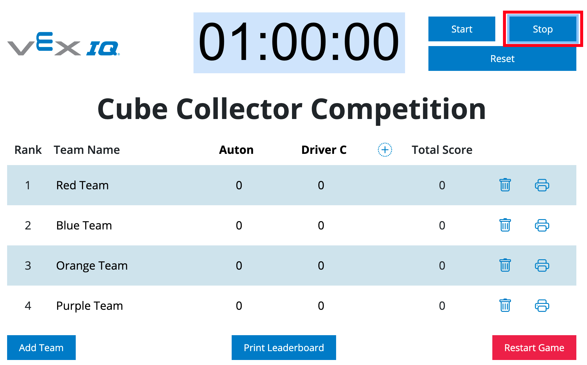 VEX IQ Leaderboard, jossa Stop-painike on korostettuna ajastimen oikealla puolella.