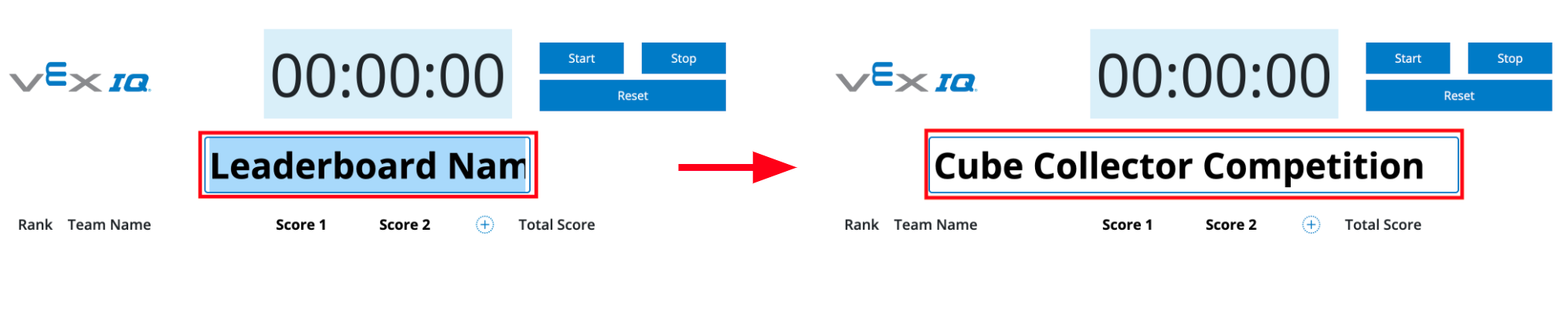 Capturas de ecrã lado a lado da tabela de classificação do VEX IQ, com uma seta a indicar que o nome da tabela de classificação foi alterado para Competição de Colecionadores de Cubos.