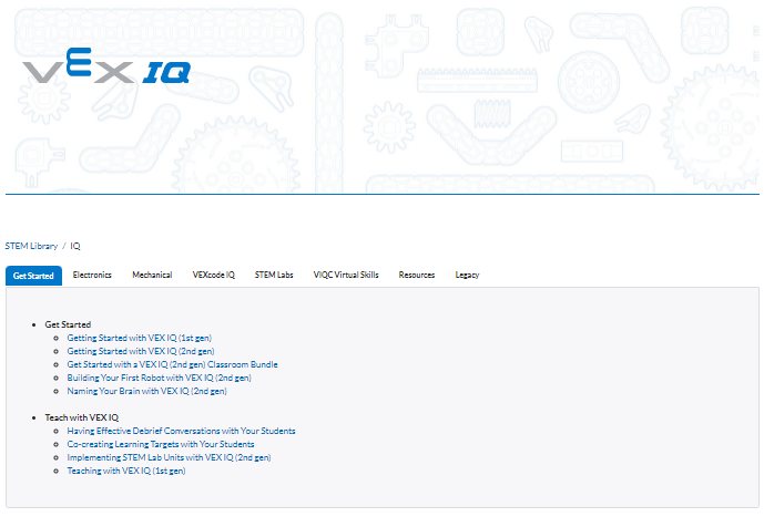 Kuvakaappaus VEX Library IQ -sivusta, jossa on luettelo kaikista IQ-artikkeleista 8 kategoriassa.