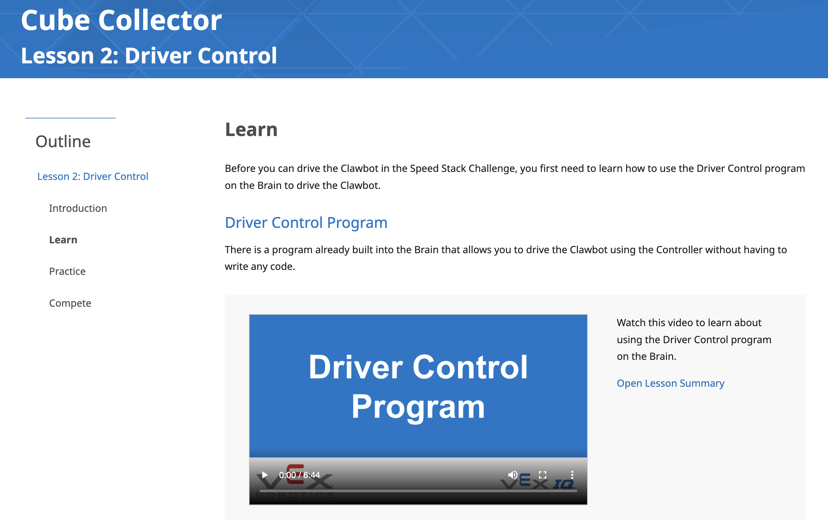 Screenshot des Lernbereichs einer VEX IQ STEM-Laborlektion, um das typische Format einer Lernseite mit Videos zu veranschaulichen, die Anweisungen für Schüler bereitstellen.