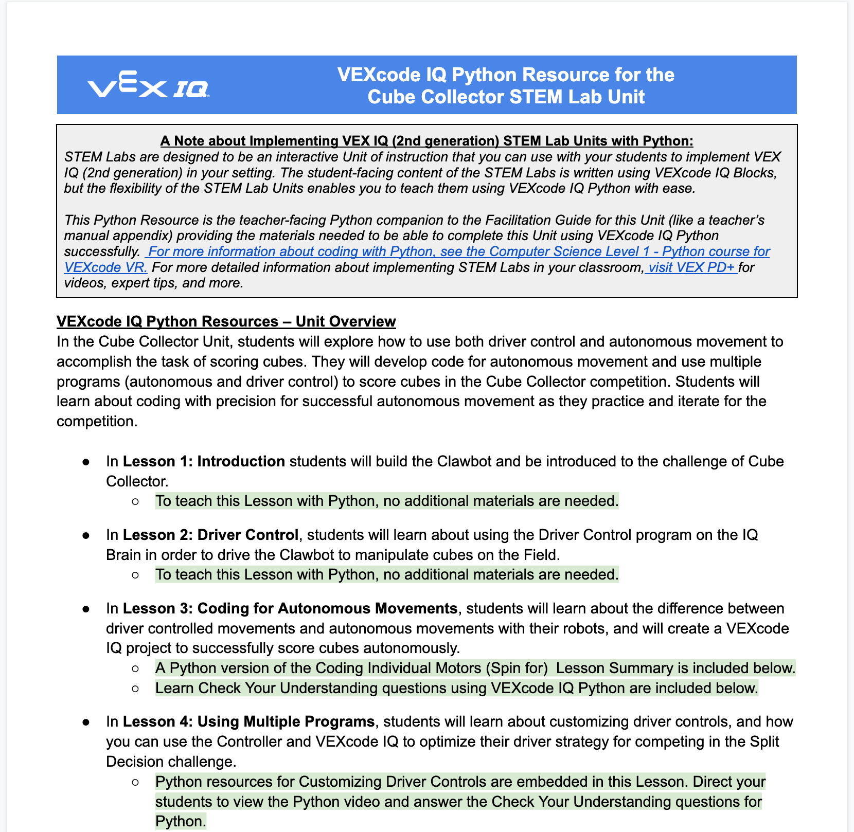 Schermafbeelding van het Google Doc in de docentenportal, getiteld VEXcode IQ Python Resource voor de Cube Collector STEM Lab Unit.