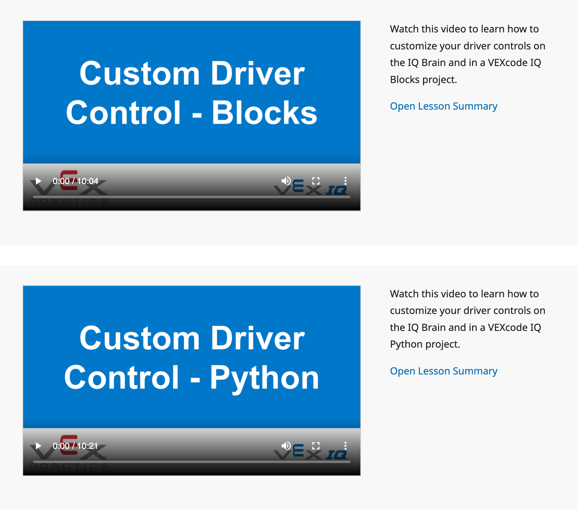 Aprenda a secção da Lição 4 do Cube Collector com vídeos sobre a Personalização do Controlo do Driver, um vídeo para Python e um vídeo para Blocos.