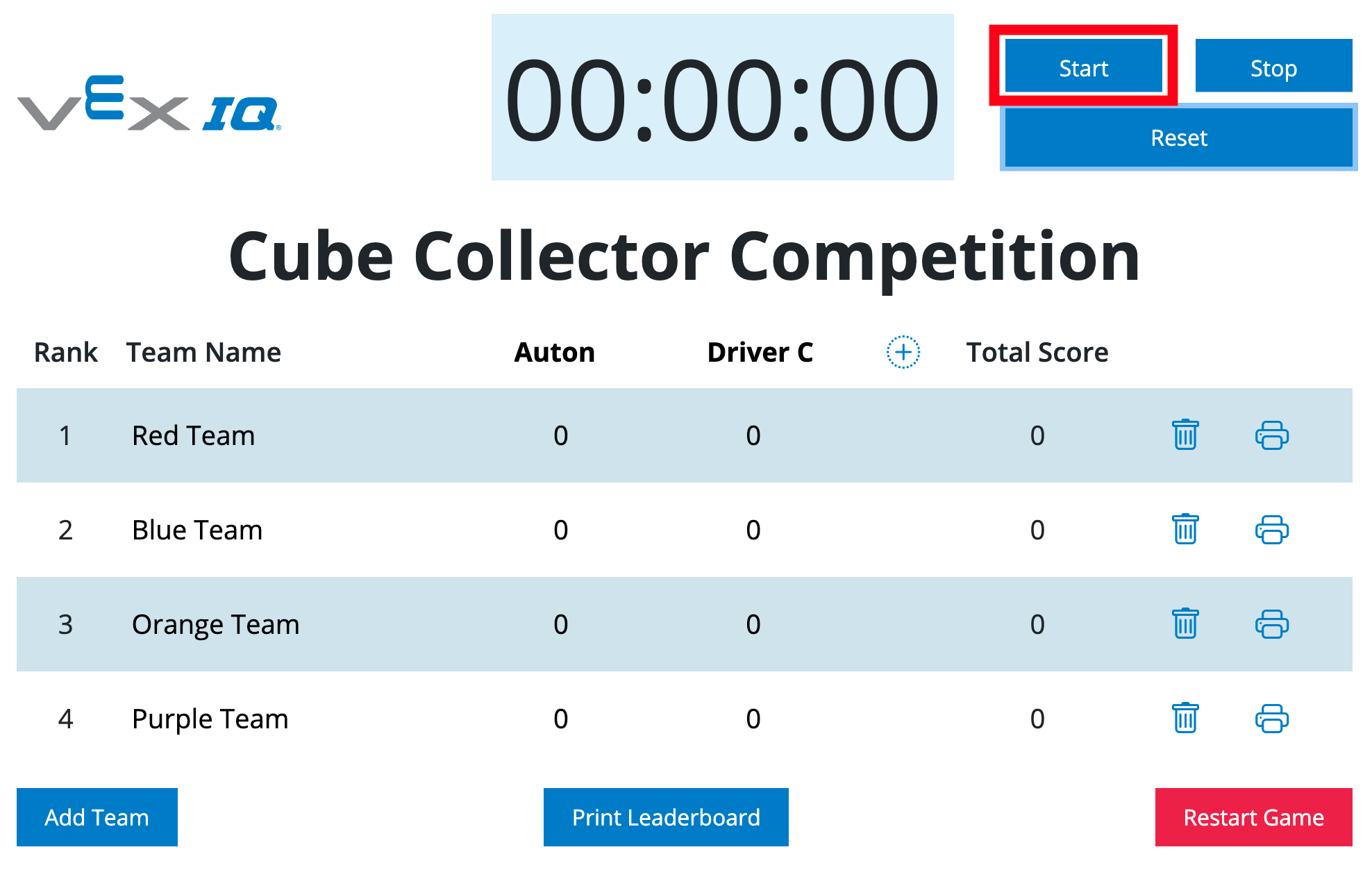Žebříček VEX IQ se zvýrazněným tlačítkem Start napravo od časovače.