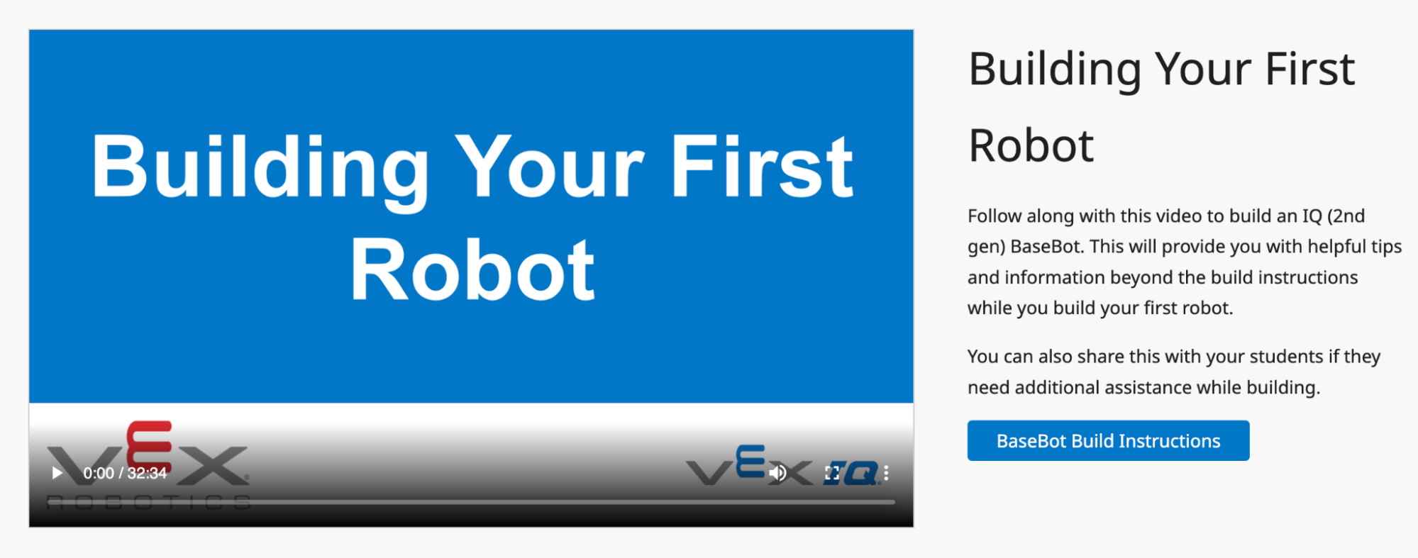Screenshot des Videos „Bauen Sie Ihren ersten Roboter“ in einem VEX IQ-Lehrerportal.