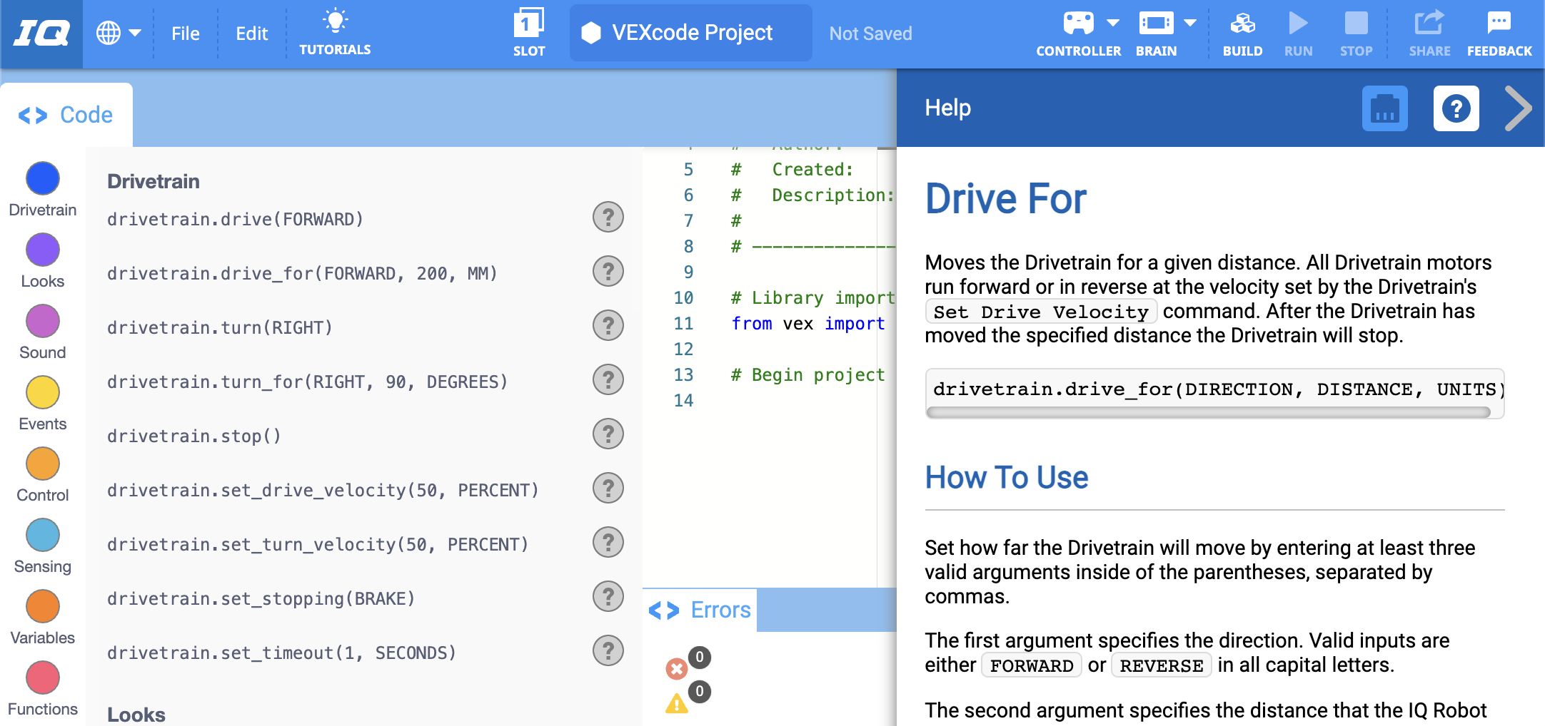 VEXcode IQ con il menu Aiuto aperto e il comando Drive per Python selezionato. Le descrizioni del comando e del suo utilizzo sono riportate insieme agli esempi di utilizzo.