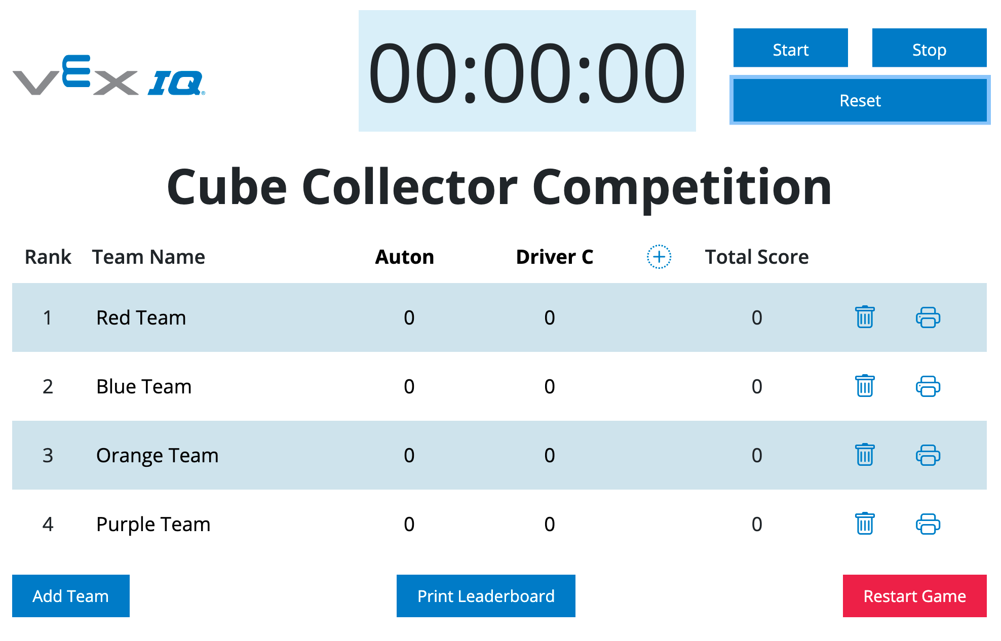 VEX IQ Leaderboard, amely négy nevezett csapattal rendelkezik, és készen áll az indulásra.