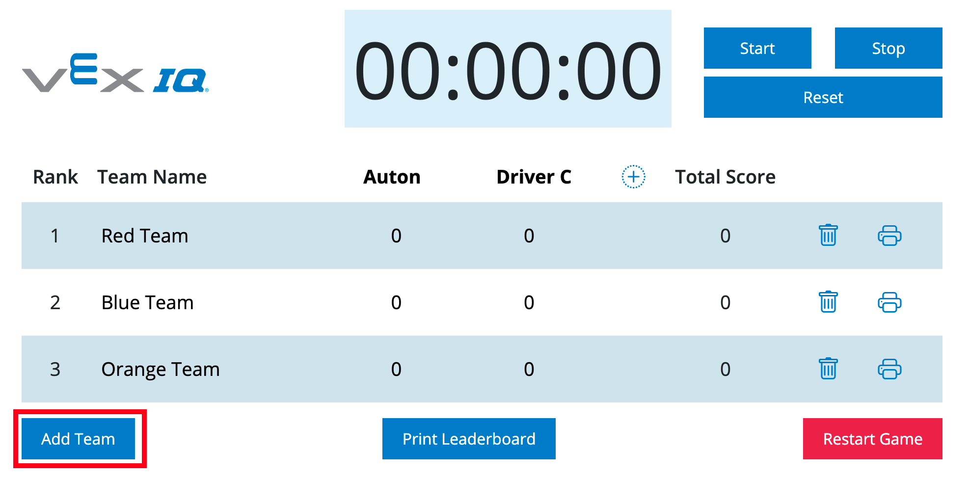 Classement VEX IQ avec le bouton Ajouter une équipe mis en évidence dans le coin inférieur gauche.