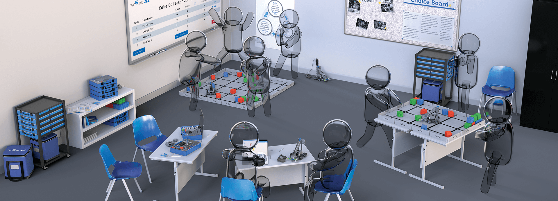 Rappresentazione in stile fumetto di studenti impegnati in gruppi nella gara di collezionisti di cubi in un'aula VEX IQ.
