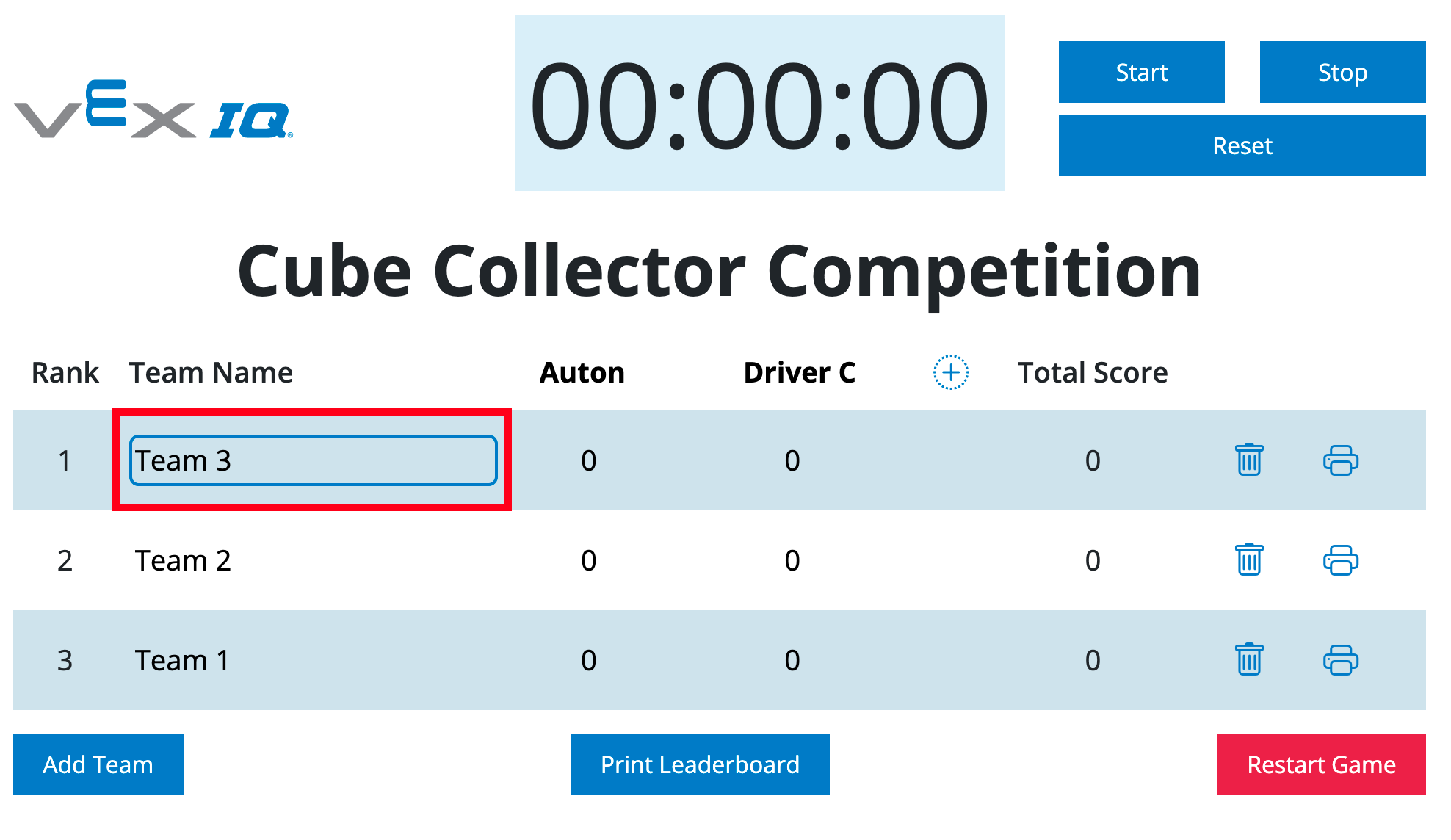 Tabla de clasificación de VEX IQ con el nombre de un equipo seleccionado y resaltado, mostrando que se puede personalizar.