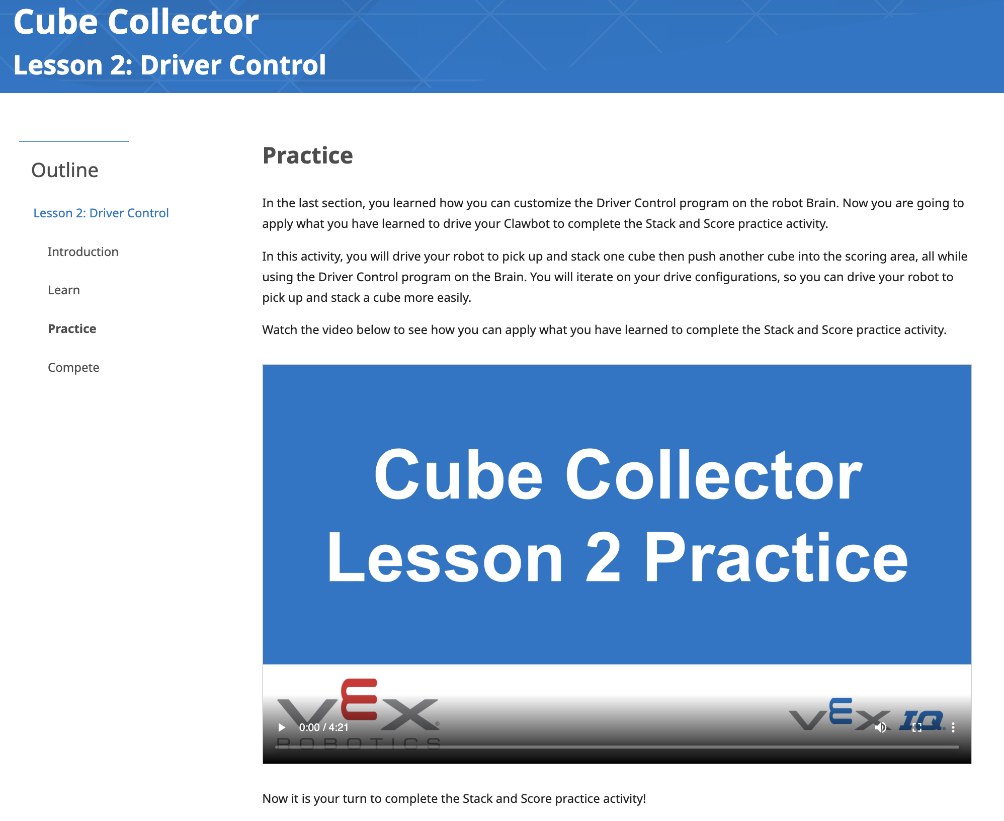 Ảnh chụp màn hình phần Thực hành của Bài học STEM Lab VEX IQ, minh họa định dạng thông thường của trang Thực hành.