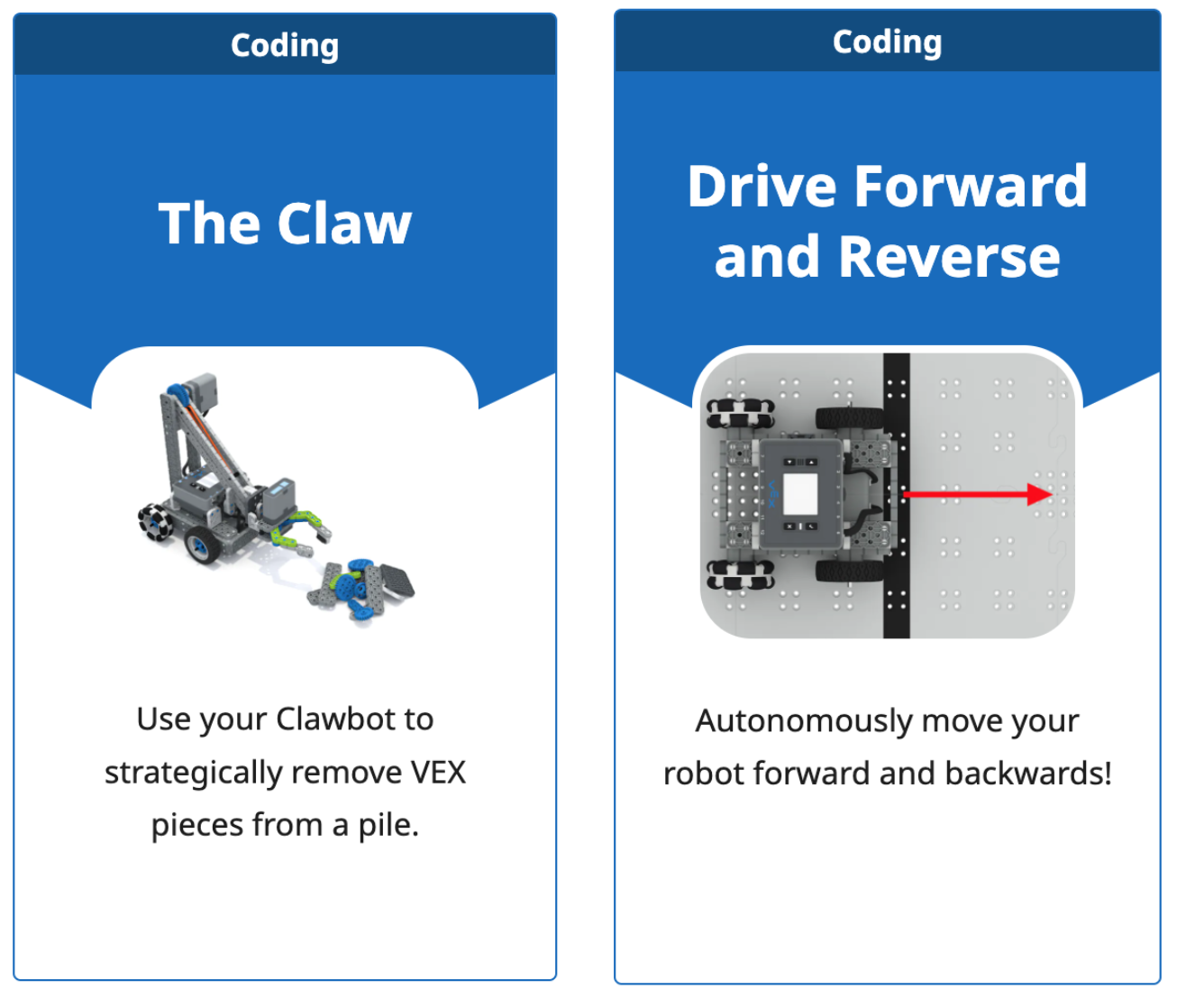 2 つの IQ アクティビティ タイルのスクリーンショット。1 つは The Claw、もう 1 つは Drive Forward and Reverse です。