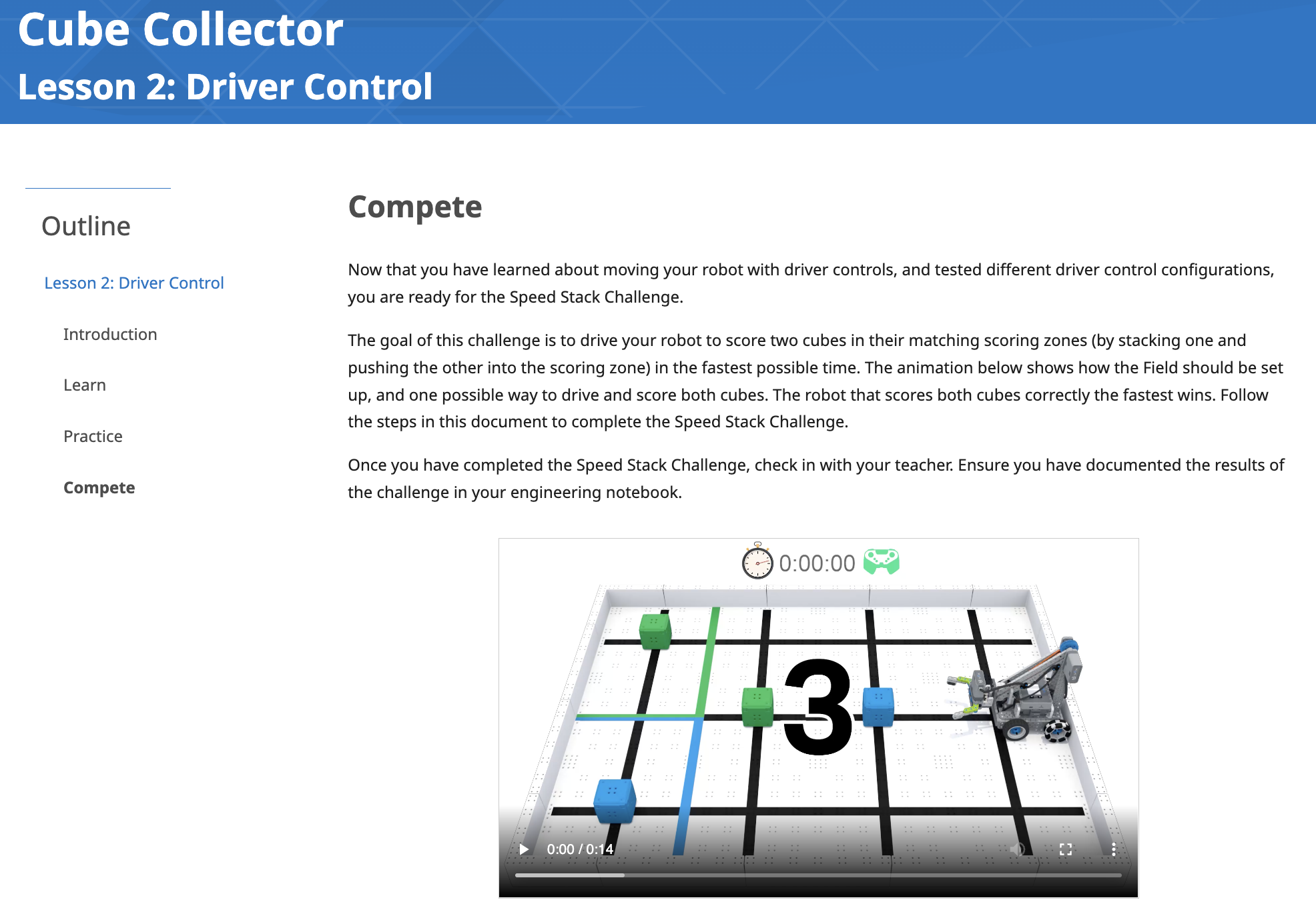 VEX IQ STEM ラボ レッスンの「Compete」セクションのスクリーンショット。Compete ページの一般的な形式を示しています。