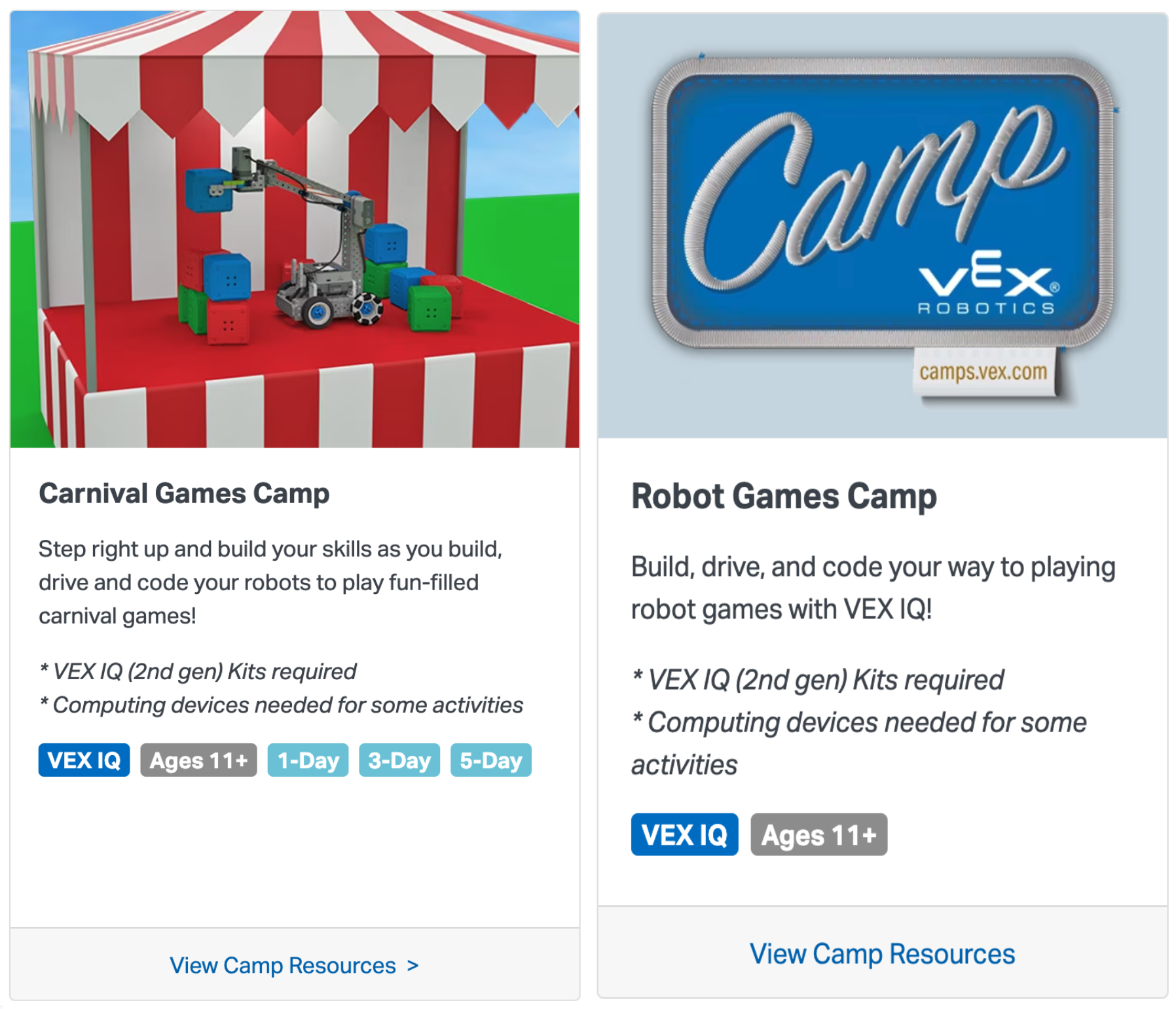 Dwa kafelki VEX IQ Camp, jeden o nazwie Carnival Games Camp, a drugi Robot Games Camp.
