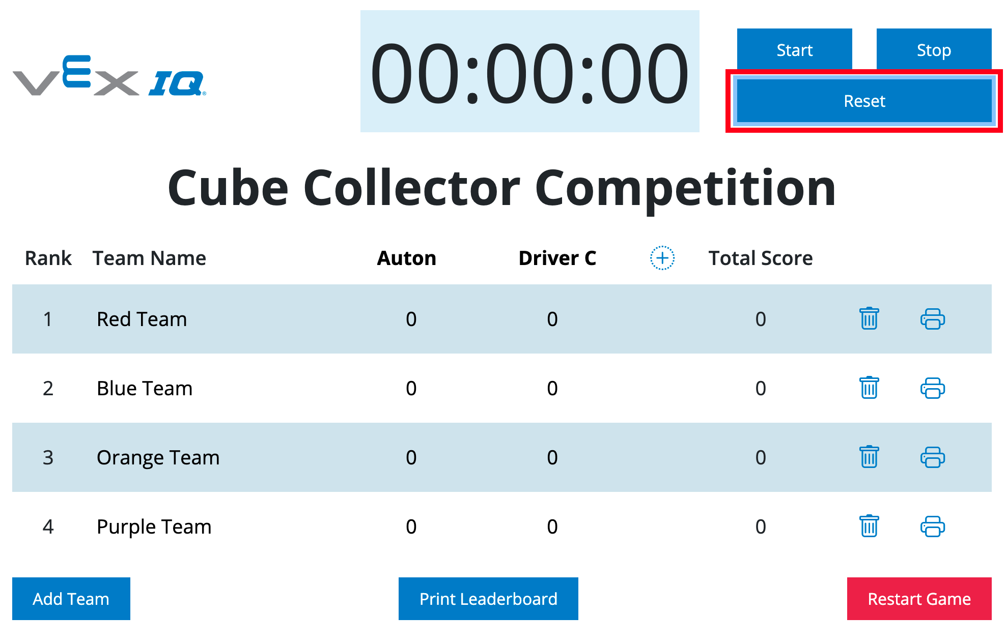 Zamanlayıcının sağında vurgulanan Sıfırlama düğmesiyle VEX IQ Liderlik Tablosu.