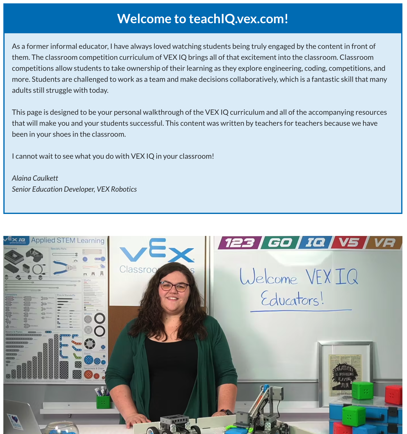 Captura de ecrã do artigo da biblioteca VEX do IQ Educators Start Here, com uma mensagem de boas-vindas acima e um vídeo de visão geral abaixo.
