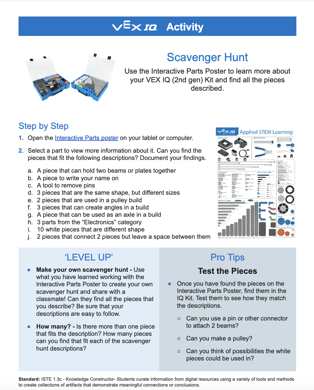 Captura de ecrã da atividade de caça ao tesouro do VEX IQ, apresentada como exemplo.