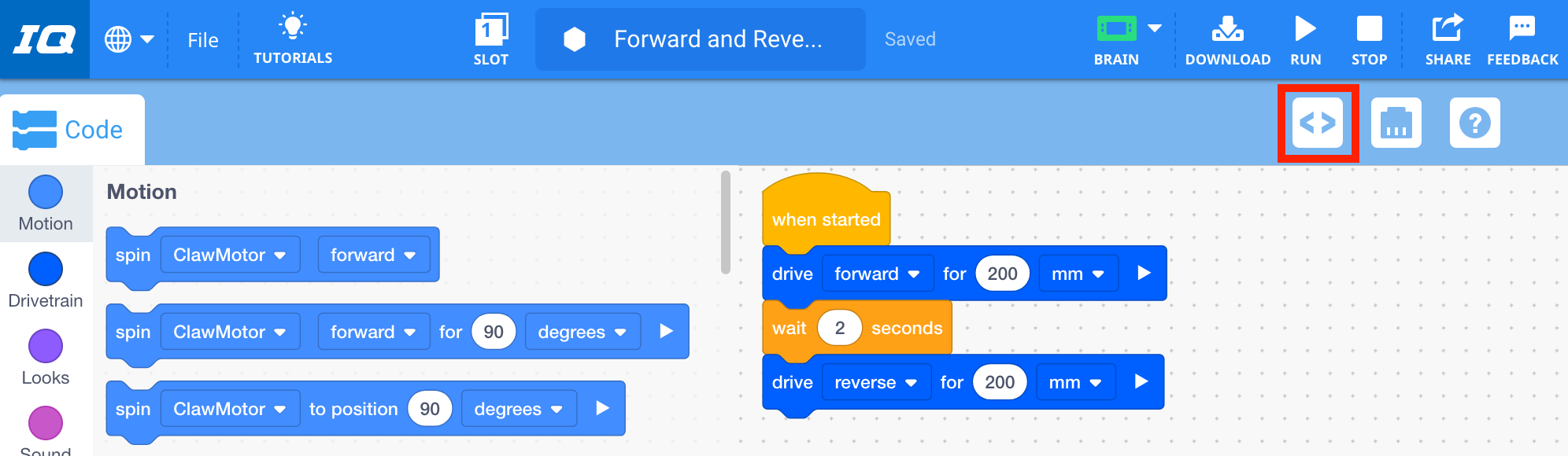 Barre d'outils VEXcode IQ avec l'icône du visualiseur de code mise en évidence à gauche de l'icône des périphériques.