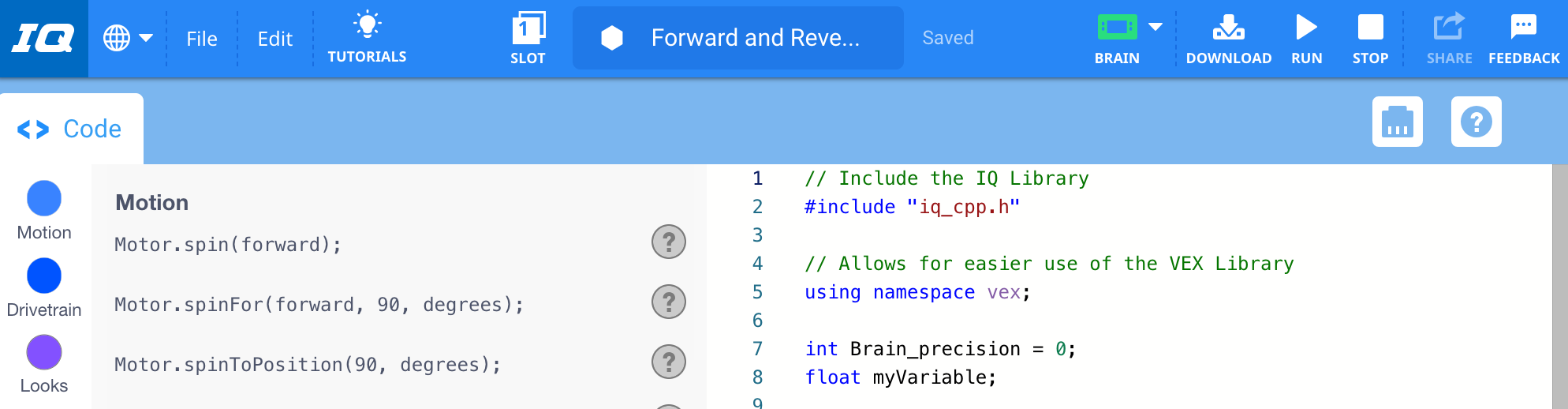 O VEXcode IQ com um projeto C++ convertido foi aberto com sucesso no Workspace.