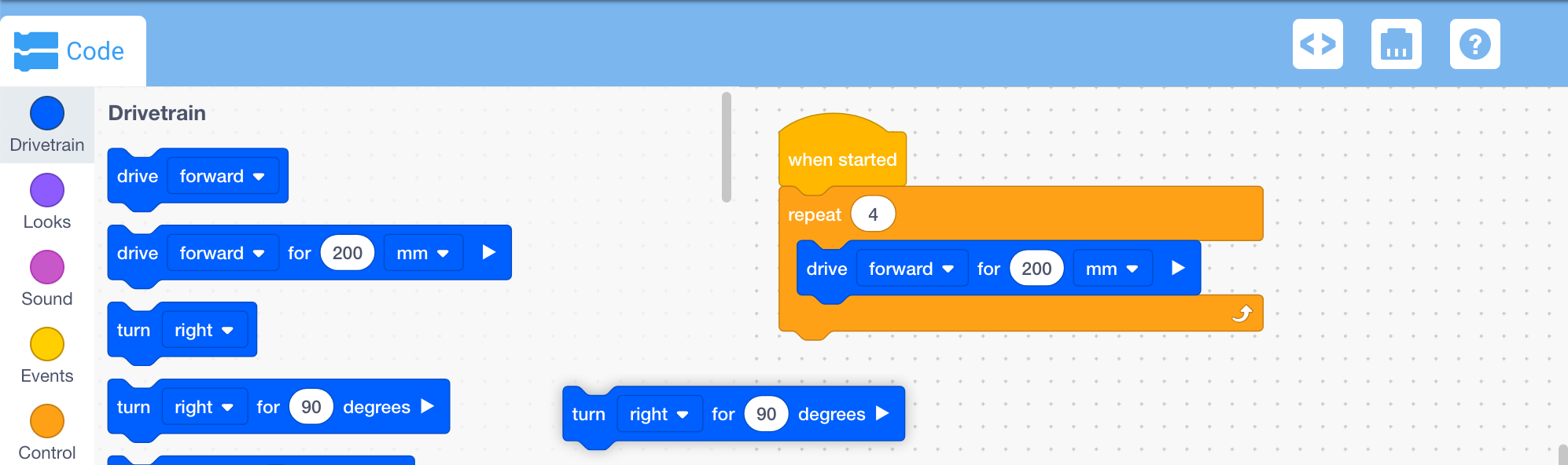 VEXcode IQ ワークスペースで、ブロックをツールボックスにドラッグして削除します。