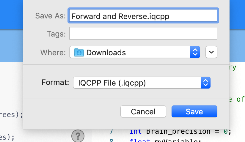Ierīces izvēlne Saglabāt kā ir atvērta un iestatīta saglabāšanai mapē Lejupielādes. Projekts tiek saglabāts kā .iqcpp fails.