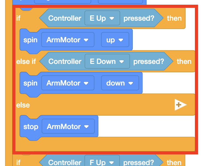 Close-up van de stapel blokken in het Option 2 VEXcode IQ-project. Een if, else if, else-blok wordt gemarkeerd in de Forever-lus van de stapel. Het geeft aan dat als Controller E Up wordt ingedrukt, ArmMotor omhoog moet draaien. Als Controller E Down wordt ingedrukt, ArmMotor omlaag moet draaien. Anders moet ArmMotor gestopt worden.
