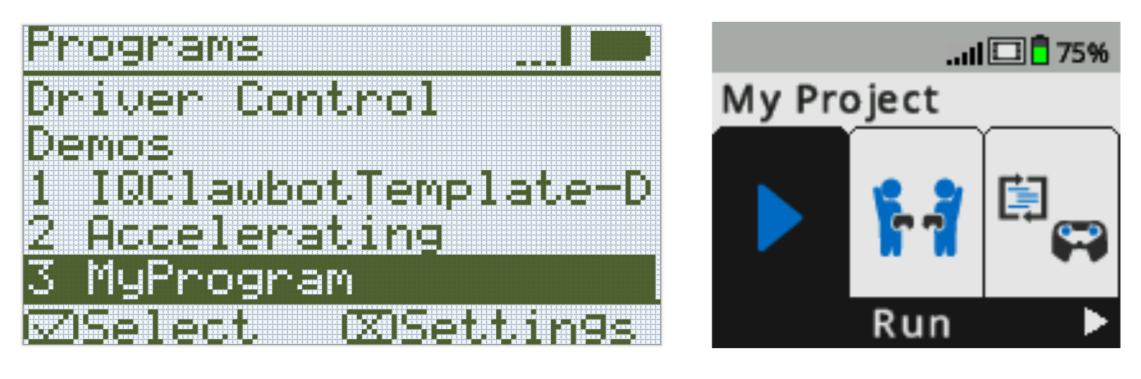 第 1 世代の Brain 画面が、第 2 世代の Brain 画面の隣に表示されます。 プログラム メニューが開かれ、MyProgram というプログラムが選択された、第 1 世代の Brain 画面が表示されます。 「My Project」というプロジェクトのオプションが開かれ、「実行」ボタンが選択された状態で、第 2 世代の Brain 画面が表示されます。