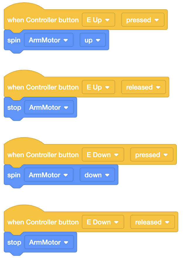تقريب لأربع مجموعات من الكتل في مشروع Option 3 VEXcode IQ. تقرأ المجموعة الأولى ما يلي: عند الضغط على زر وحدة التحكم E لأعلى، قم بتدوير ArmMotor لأعلى. يقرأ المكدس الثاني "عندما يتم تحرير زر وحدة التحكم E لأعلى، قم بإيقاف ArmMotor". يقرأ المكدس الثالث أنه عند الضغط على زر وحدة التحكم E لأسفل، قم بتدوير ArmMotor لأسفل. يقرأ المكدس الرابع "عندما يتم تحرير زر وحدة التحكم E لأسفل، قم بإيقاف ArmMotor".