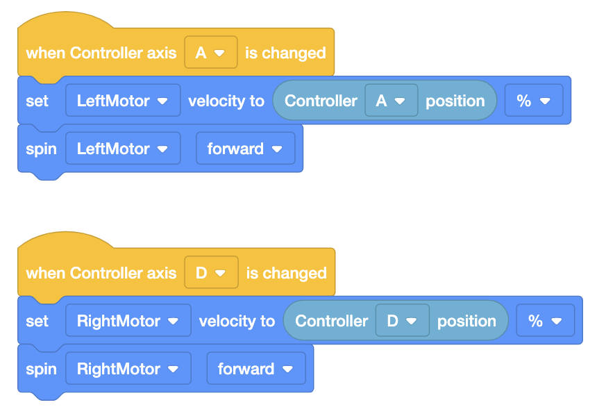 Primer plano de dos pilas de bloques en el proyecto VEXcode IQ Opción 3. La primera pila dice Cuando se cambia el eje A del controlador, establezca la velocidad del motor izquierdo en la posición % del controlador A y luego gire el motor izquierdo hacia adelante. La segunda pila dice Cuando se cambia el eje D del controlador, establezca la velocidad del motor derecho en la posición del controlador D % y luego gire el motor derecho hacia adelante.