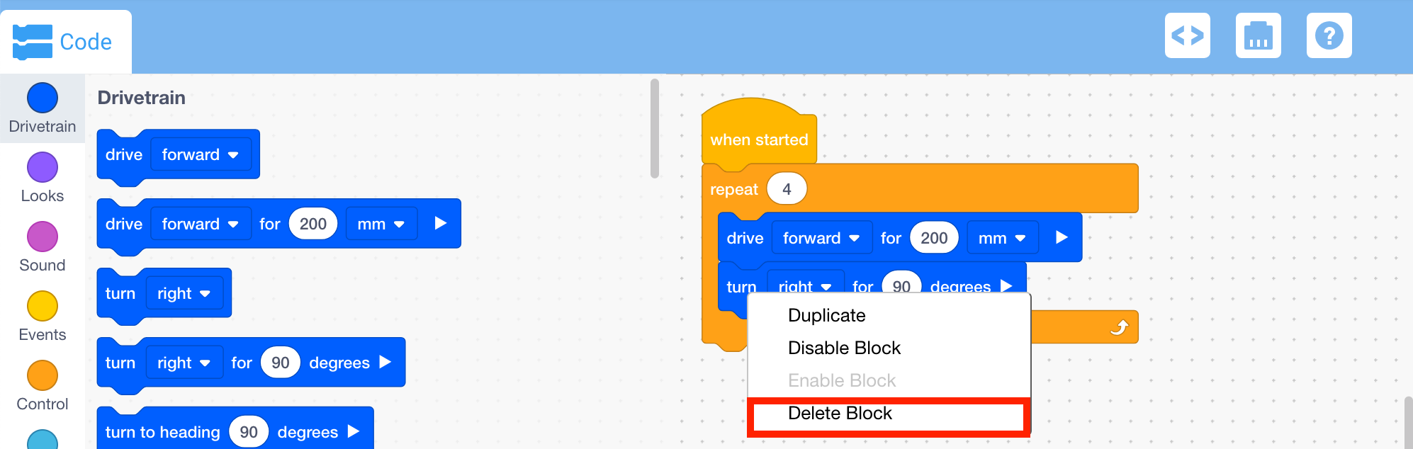 Bir bloğun bağlam menüsü açılmış ve Bloğu Sil seçeneği vurgulanmış VEXcode IQ Çalışma Alanı.