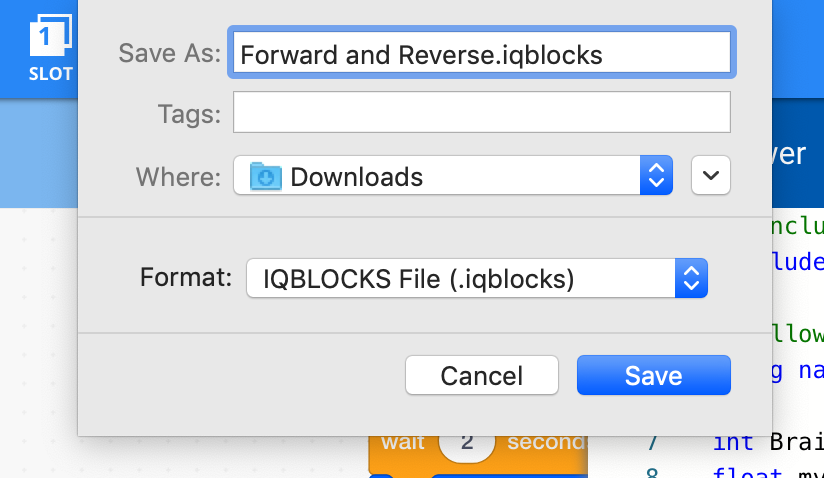 Menu Simpan Sebagai perangkat terbuka dan diatur untuk menyimpan ke folder Unduhan. Proyek disimpan sebagai berkas .iqblocks.
